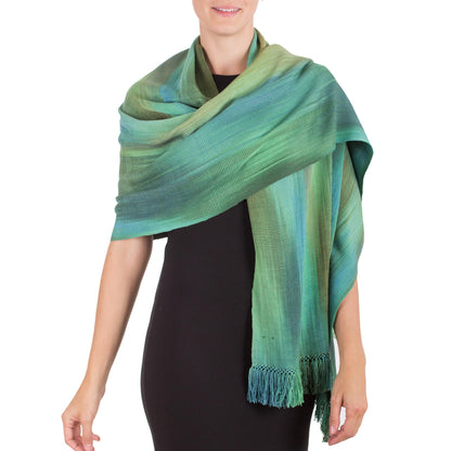 Peaceful Green and Turquoise Hand Woven Rayon Chenille Shawl