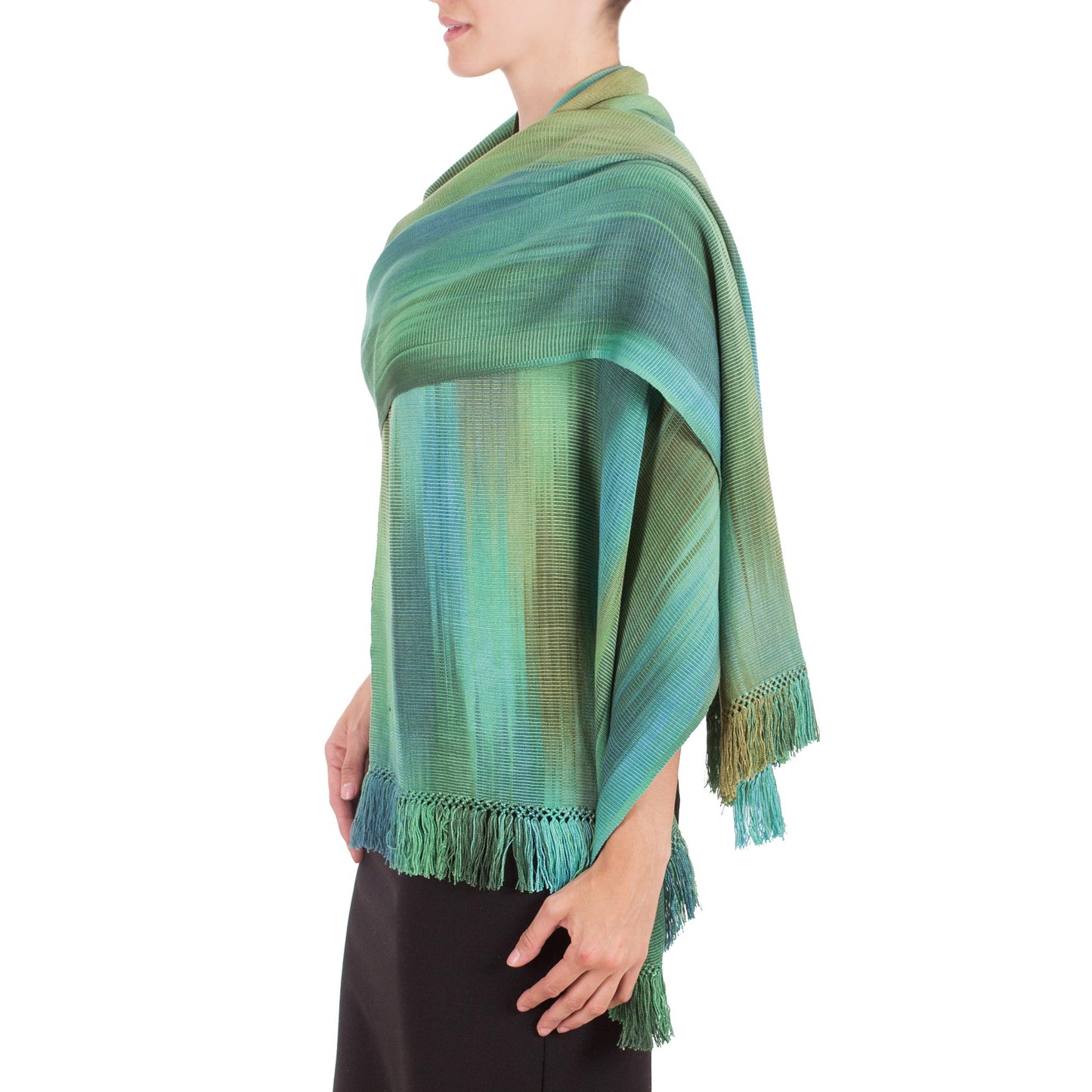 Peaceful Green and Turquoise Hand Woven Rayon Chenille Shawl