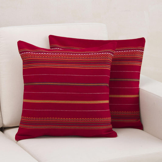 Peruvian Cherry Red Alpaca Blend Hand Woven Cushion Cover Pair