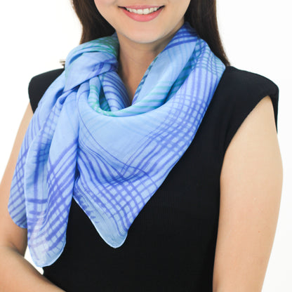 Blue Plaid Thai Blue and Green Square 100% Silk Hand Dyed Scarf