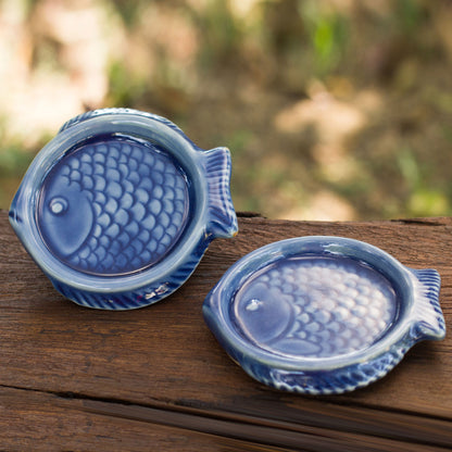 Ocean Blue Fish Authentic Deep Blue Thai Celadon Ceramic Coasters (Pair)