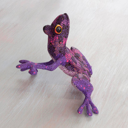 Purple Dancing Frog Purple Hand Crafted Alebrije Style Frog Figurine Sculpture