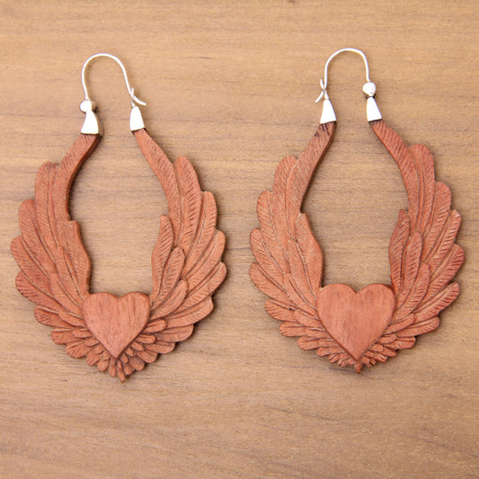Angel Heart Wood & Silver Heart Shaped Earrings
