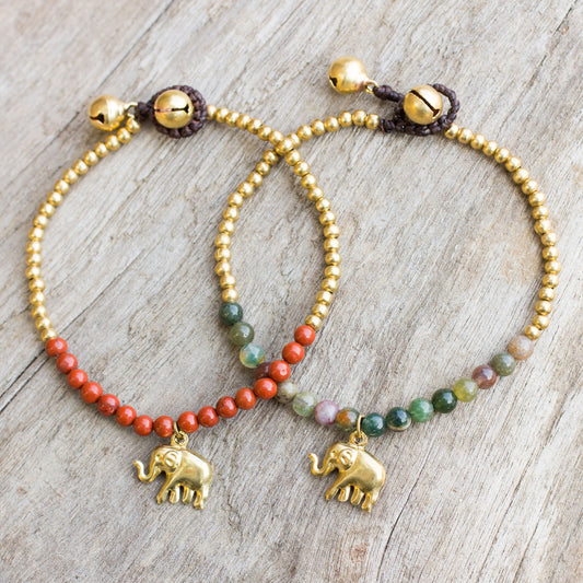 Stylish Elephants Jasper and Elephant Charm on Pair of Brass Beaded Bracelets