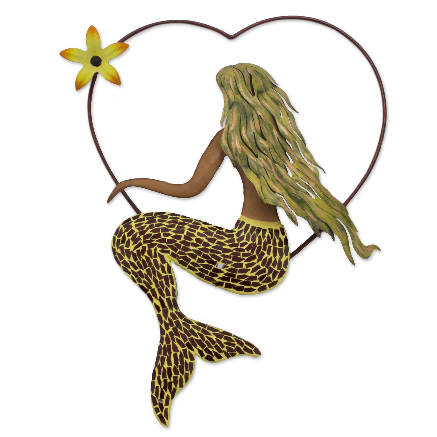 Mermaid Love Handmade Iron and Glass Mosaic Mermaid Heart Wall Sculpture