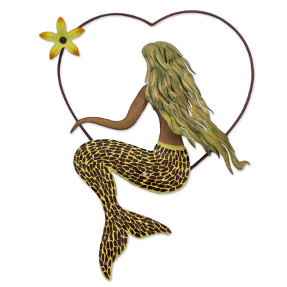 Mermaid Love Handmade Iron and Glass Mosaic Mermaid Heart Wall Sculpture