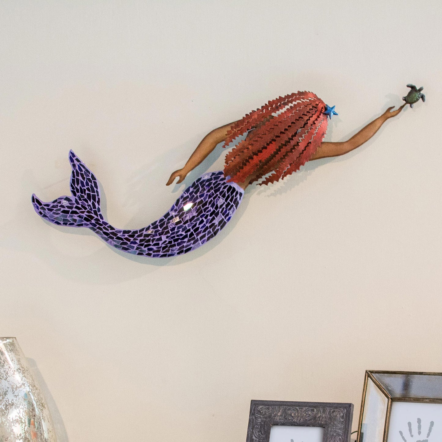 Mermaid and Turtle Handmade Iron and Glass Mosaic Mermaid Wall Sculpture