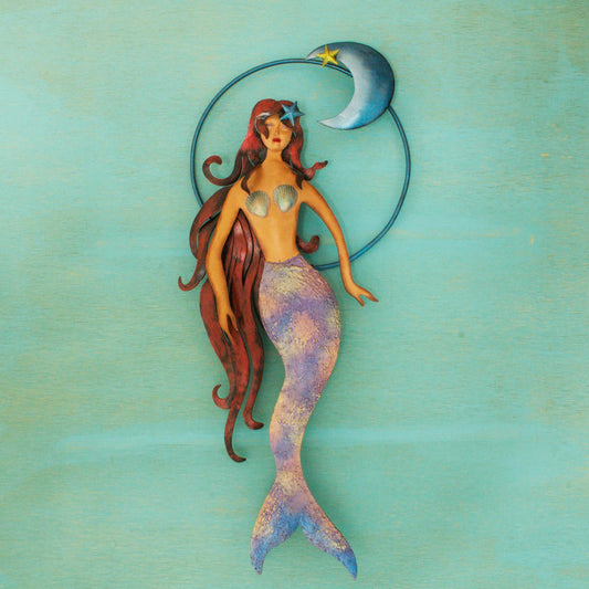 Mermaid Moon Mexican Mermaid Wall Sculpture Hand Made of Iron