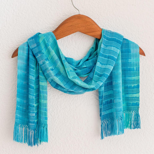 Forever Blue Backstrap Loom Rayon Chenille Handmade Scarf in Blue