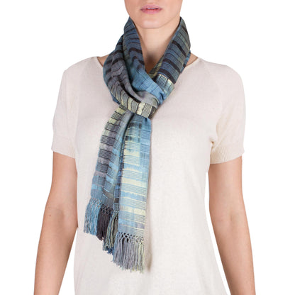 Waves on the Lake Backstrap Rayon Chenille Handmade Scarf in Blue and Grey