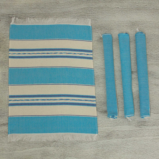 Oaxaca Sky Set of 4 Hand Woven Cotton Blue and Beige Zapotec Placemats