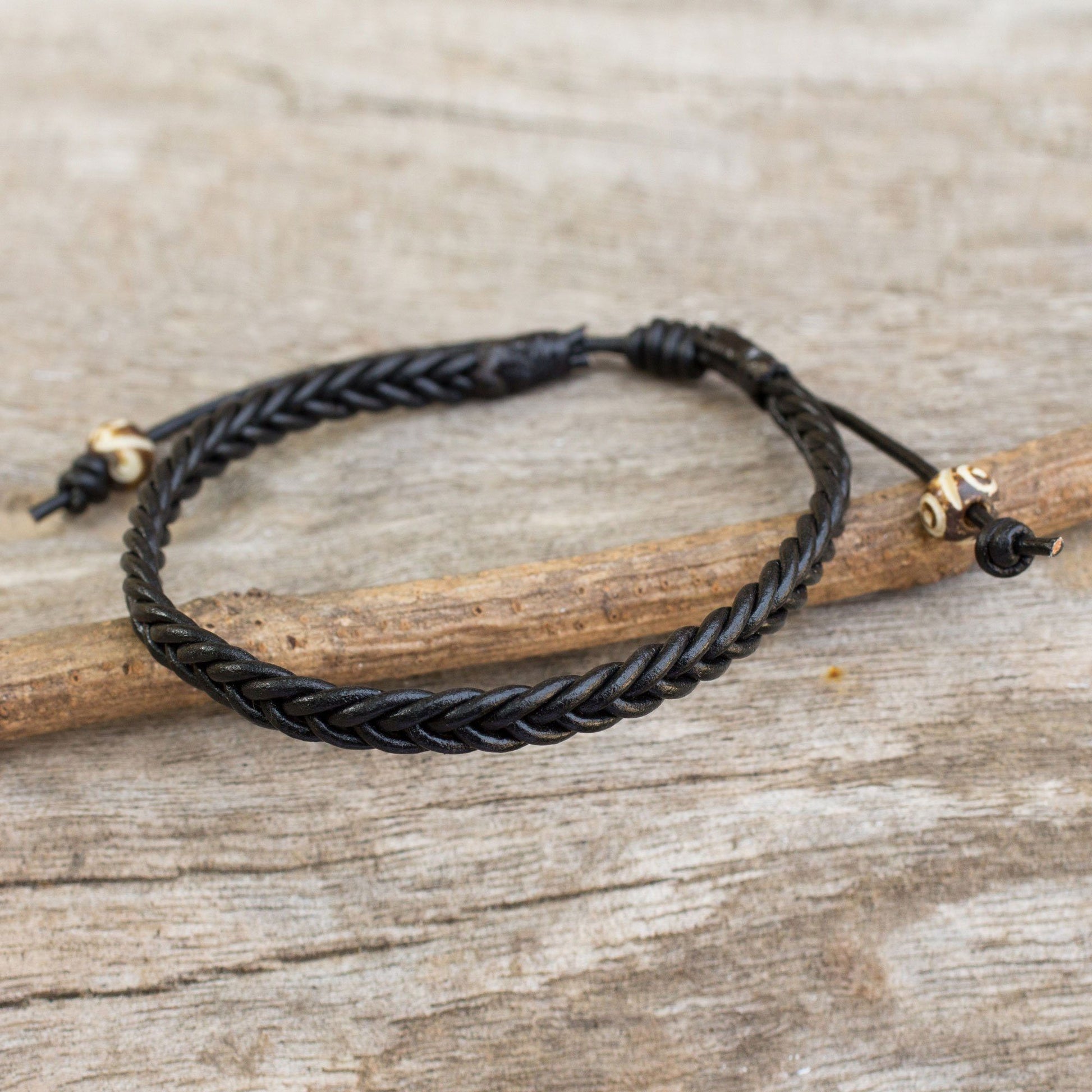 NOVICA - Men's Black Leather Braided Bracelet