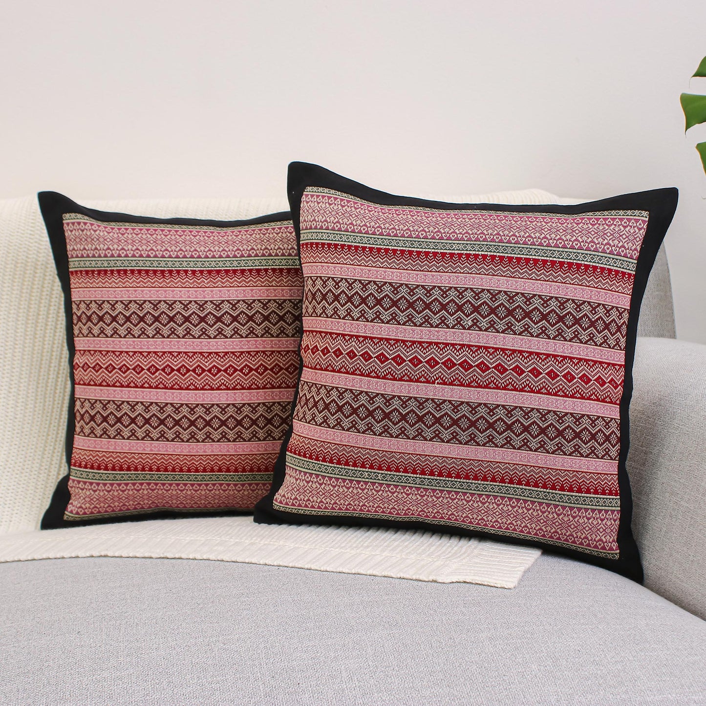 Enchanted Thai Orchids Handwoven Thai Cushion Covers in Pink and Red (Pair)