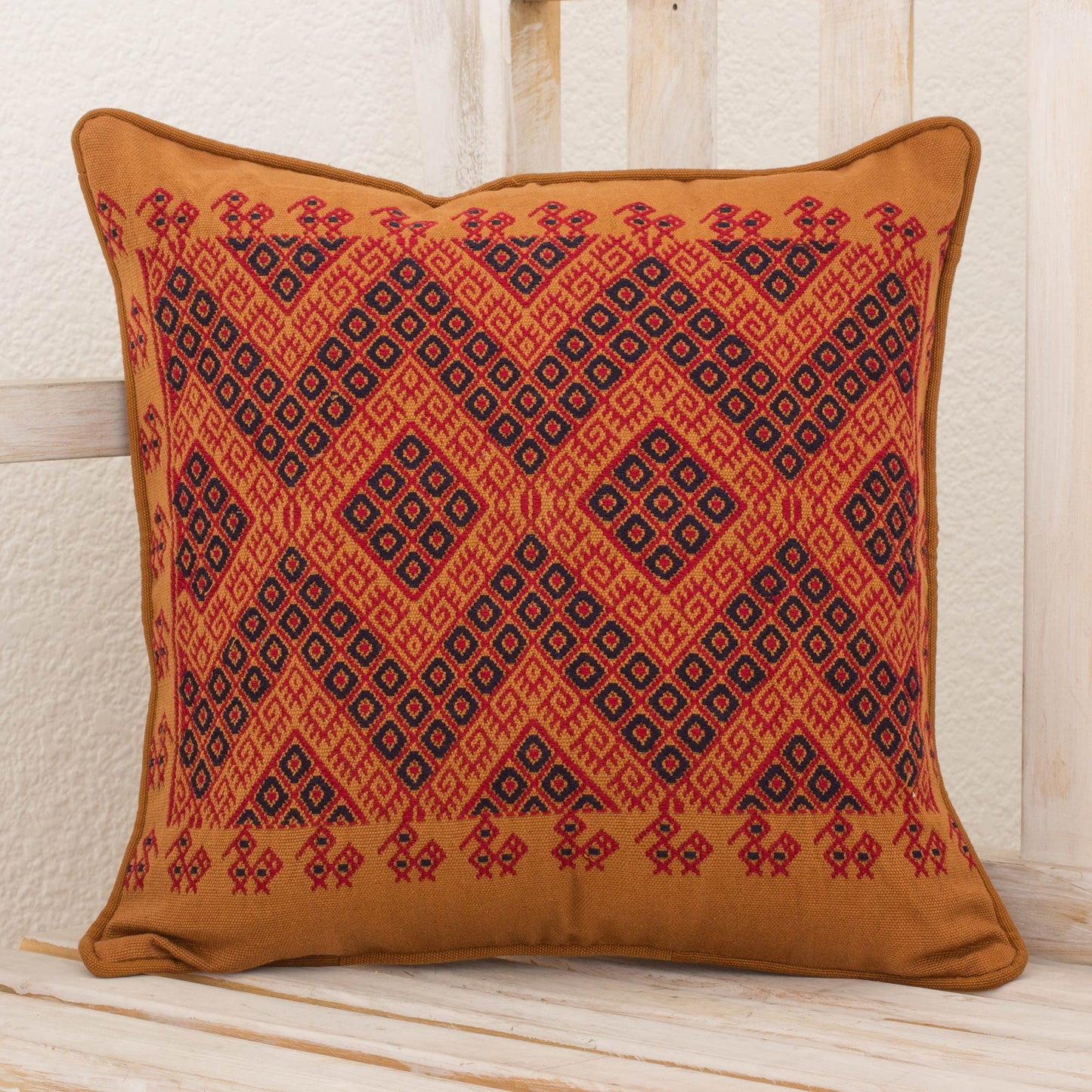 Traditional Symmetry Maya Backstrap Loom Woven Earth Tone Cotton Cushion Cover