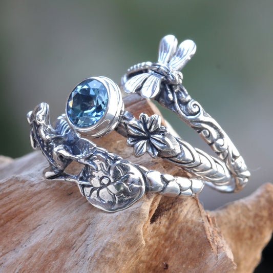 Garden of Eden Dragonfly and Frog on Silver Blue Topaz Stacking Rings (3)