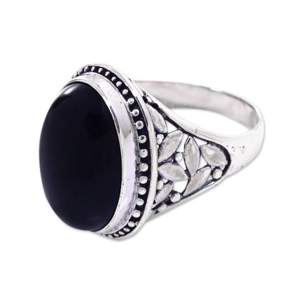 Black Bamboo Onyx Silver Floral Ring