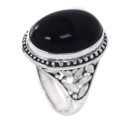 Black Bamboo Onyx Silver Floral Ring