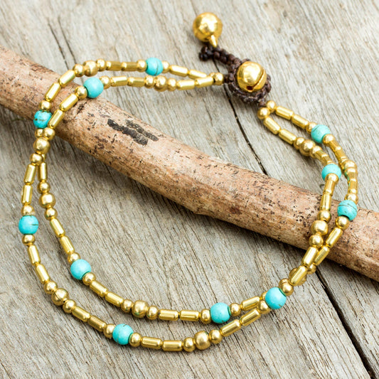 Golden Bell Thailand Blue Calcite Double Strand Brass Bead Anklet
