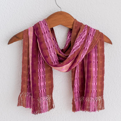 Pomegranate Passion Hand Woven Rayon Chenille Scarf Woven in Red Purple and Pink