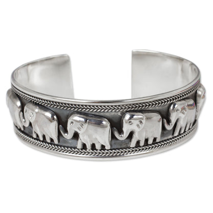 Grand Elephant Parade Silver Cuff Bracelet