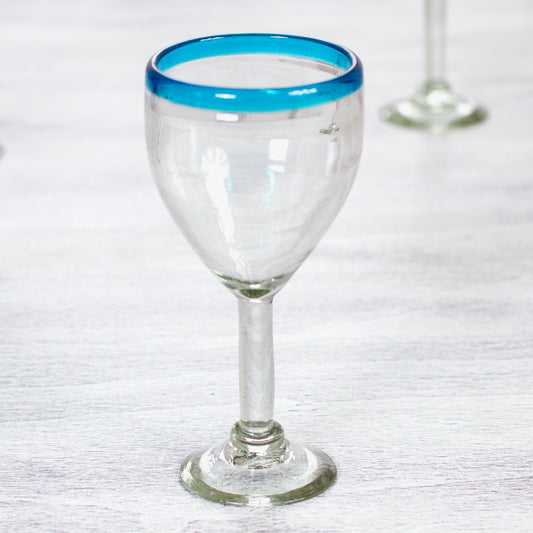 Aquamarine Kiss Clear with Aqua Rim Hand Blown 8 oz Wine Glasses (Set of 6)