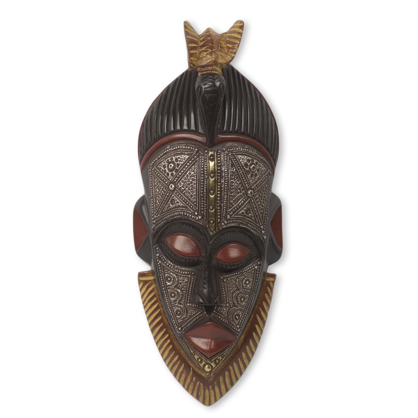 Abrante Pa Embossed Aluminum and Wood African Mask with Brass Accents