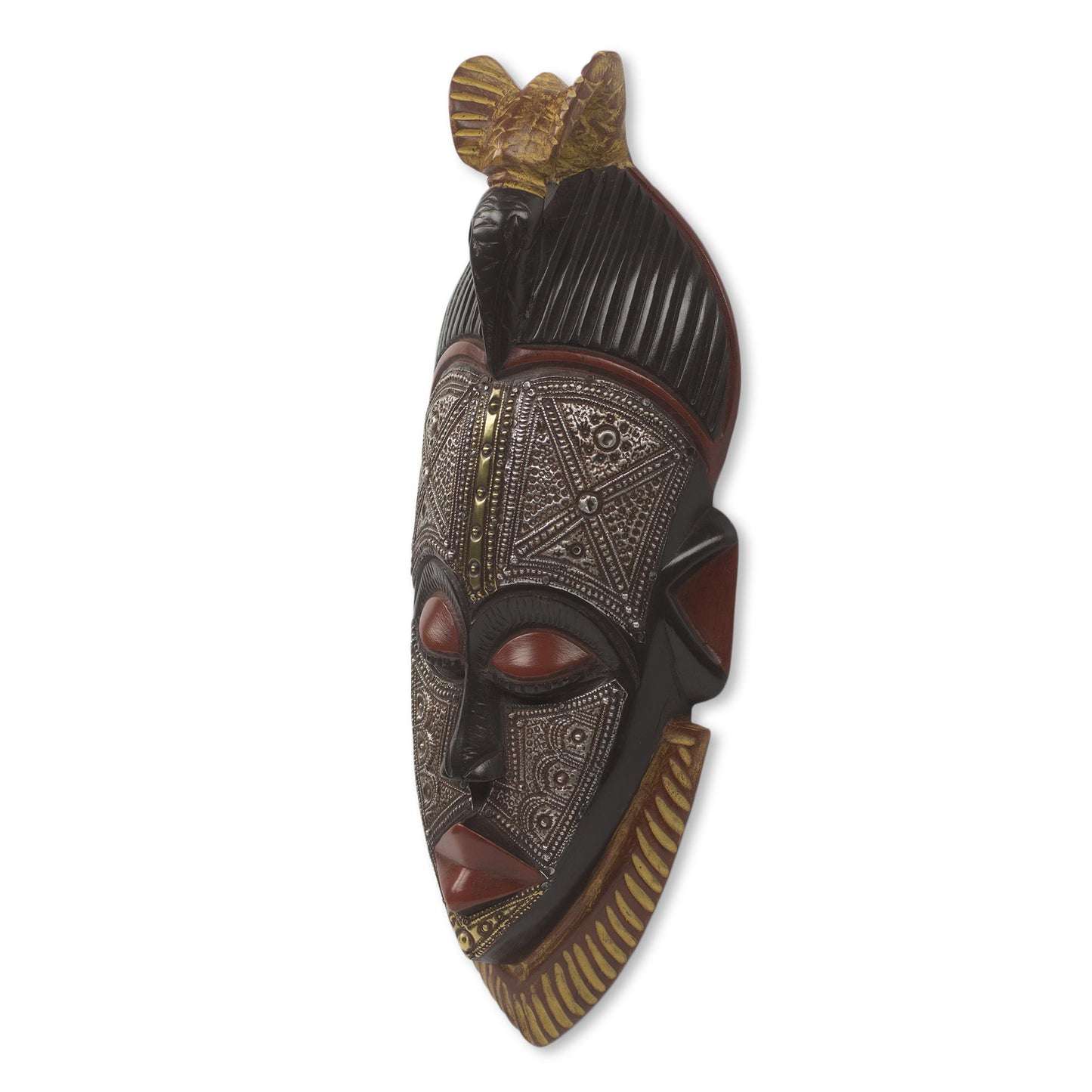 Abrante Pa Embossed Aluminum and Wood African Mask with Brass Accents