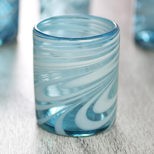 Whirling Aquamarine 6 Mexican Hand Blown 11 oz Rock Glasses in Aqua and White