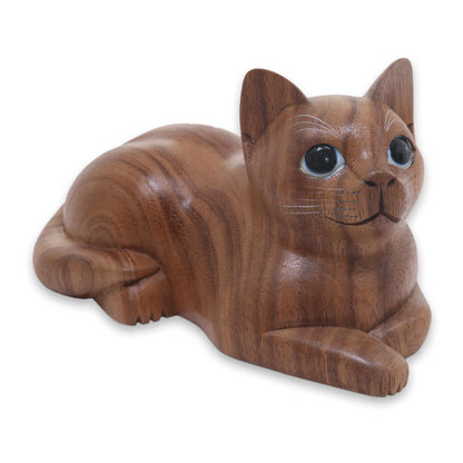 Short Haired Cat Hand Carved Wood Cat Sculpture from Balinese Artisan