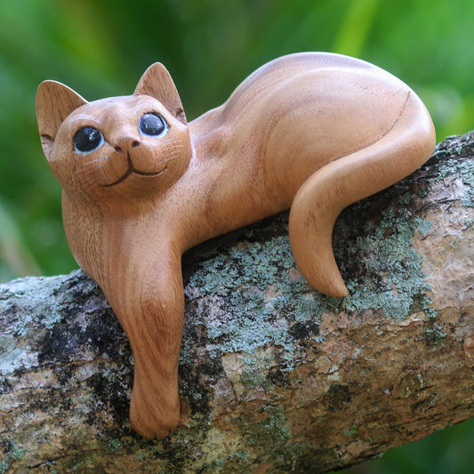 Watchful Ginger Cat Hand Carved Kitty Cat Sculpture in Medium Wood Finish