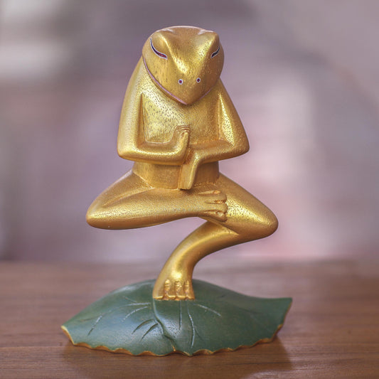 Vrkasana Yoga Frog Handmade Wood Frog Yoga Statuette with Golden Finish