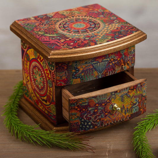 Colorful Huichol Decoupage Pinewood Jewelry Box