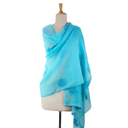 Lucknow Bouquet in Blue Hand Embroidered Sky Blue Cotton Blend Shawl from India