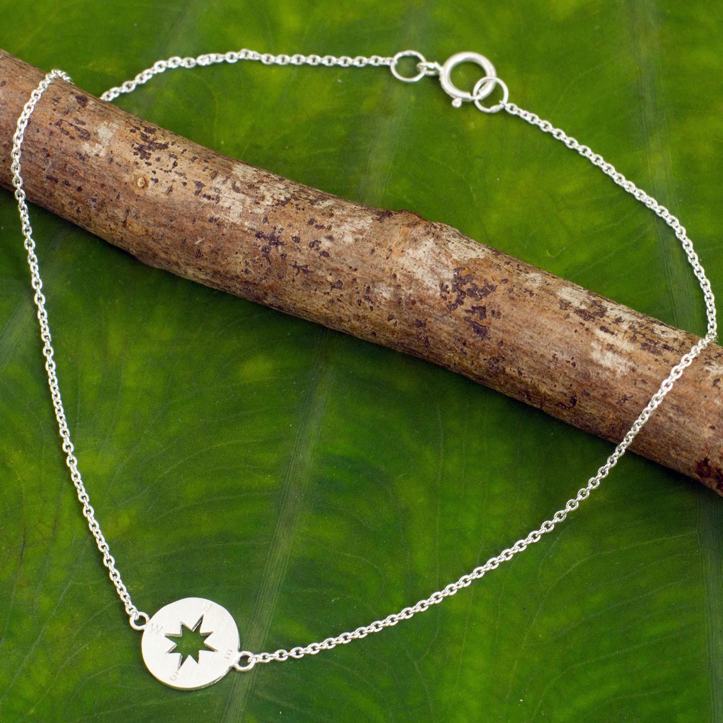 Compass Handcrafted Brushed Sterling Silver Anklet from Thailand