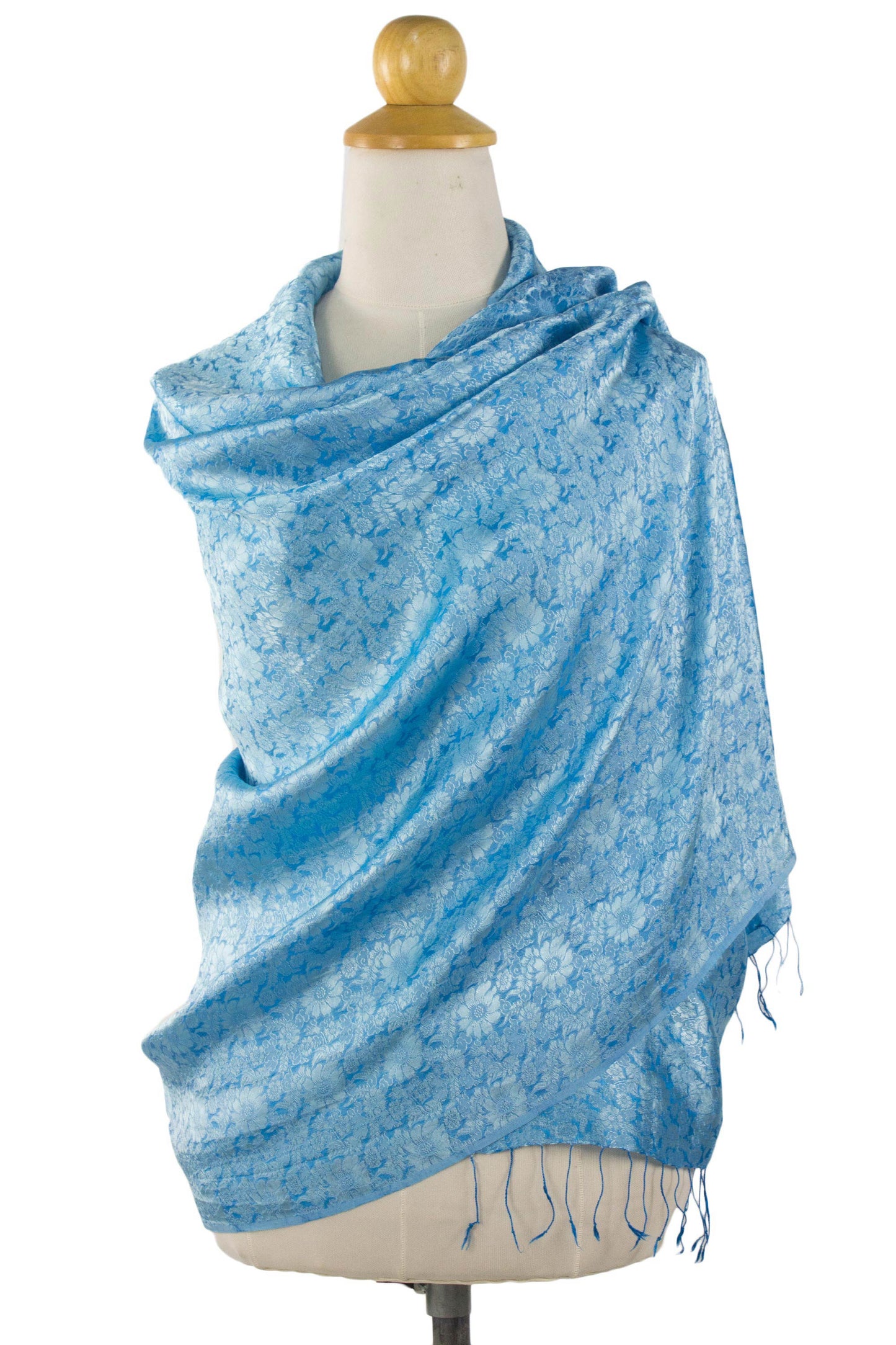Mandarin Sky Artisan Crafted Blue Rayon Blend Shawl with Floral Motif