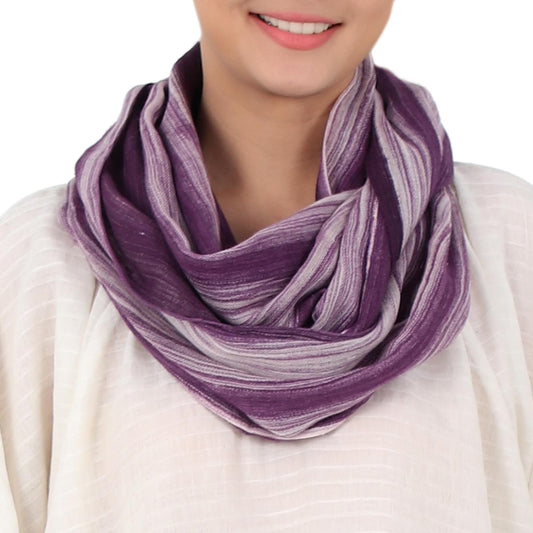Purple Skies Hand Woven 100% Cotton Infinity Scarf in Purple and White