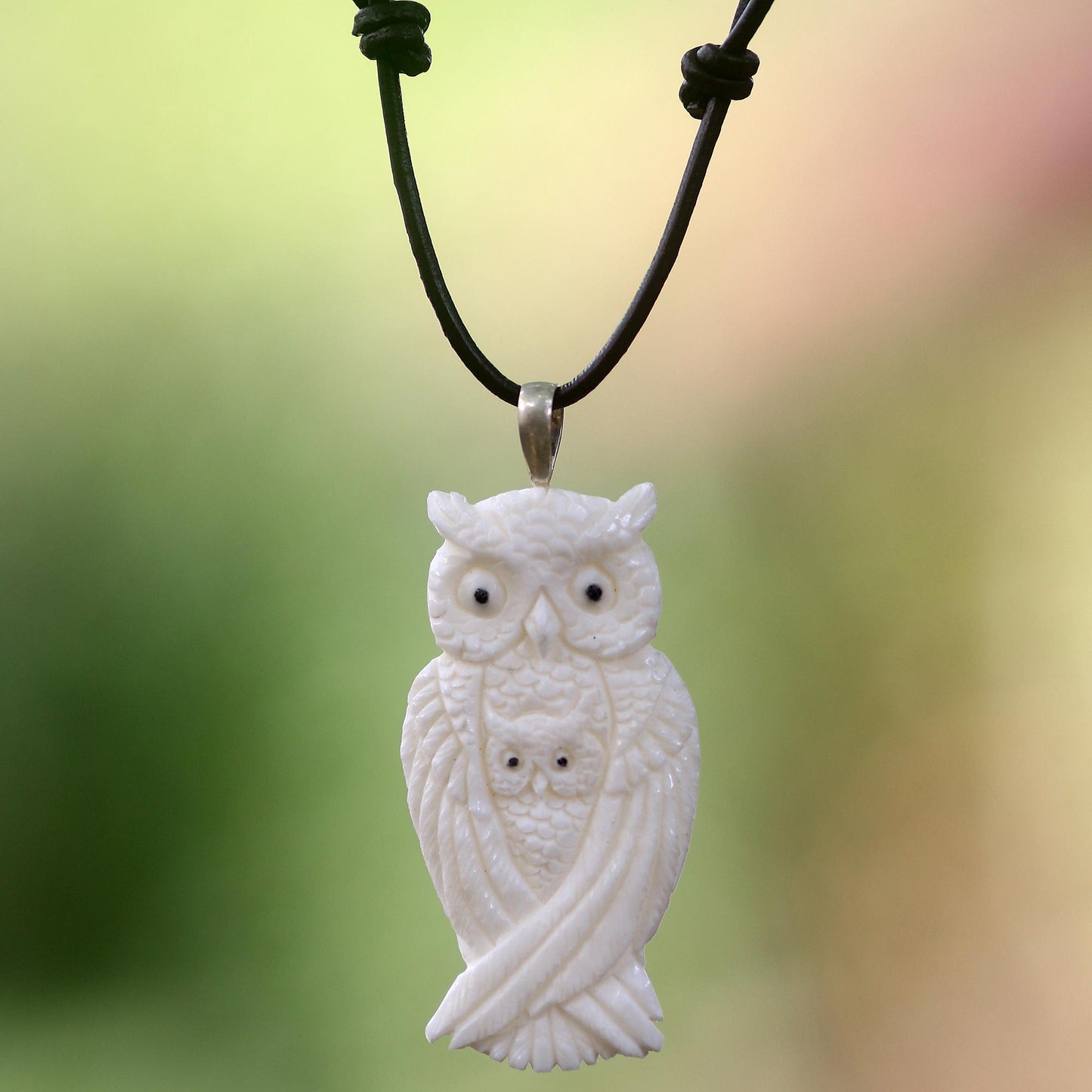 White Owl Family Adjustable Carved Bone Pendant Necklace