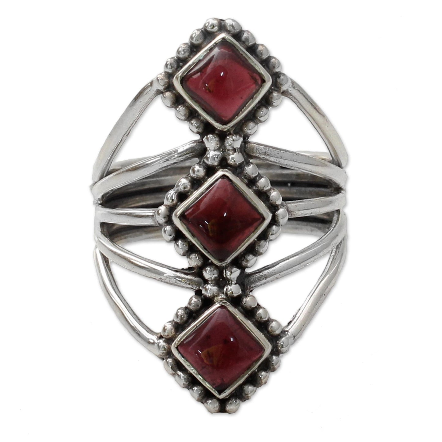 Deep Red Diamonds Red Garnet Artisan Crafted Indian Silver Cocktail Ring