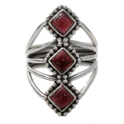Deep Red Diamonds Red Garnet Artisan Crafted Indian Silver Cocktail Ring