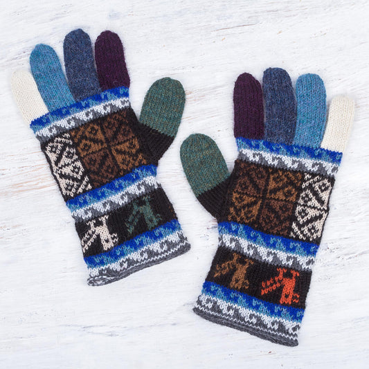 Peruvian Patchwork in Blue Artisan Crafted 100% Alpaca Colorful Gloves from Peru