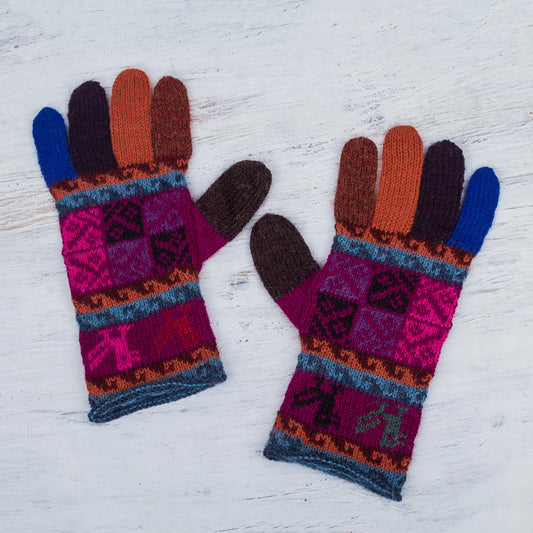Peruvian Patchwork in Magenta Artisan Crafted 100% Alpaca Multi-Colored Gloves from Peru