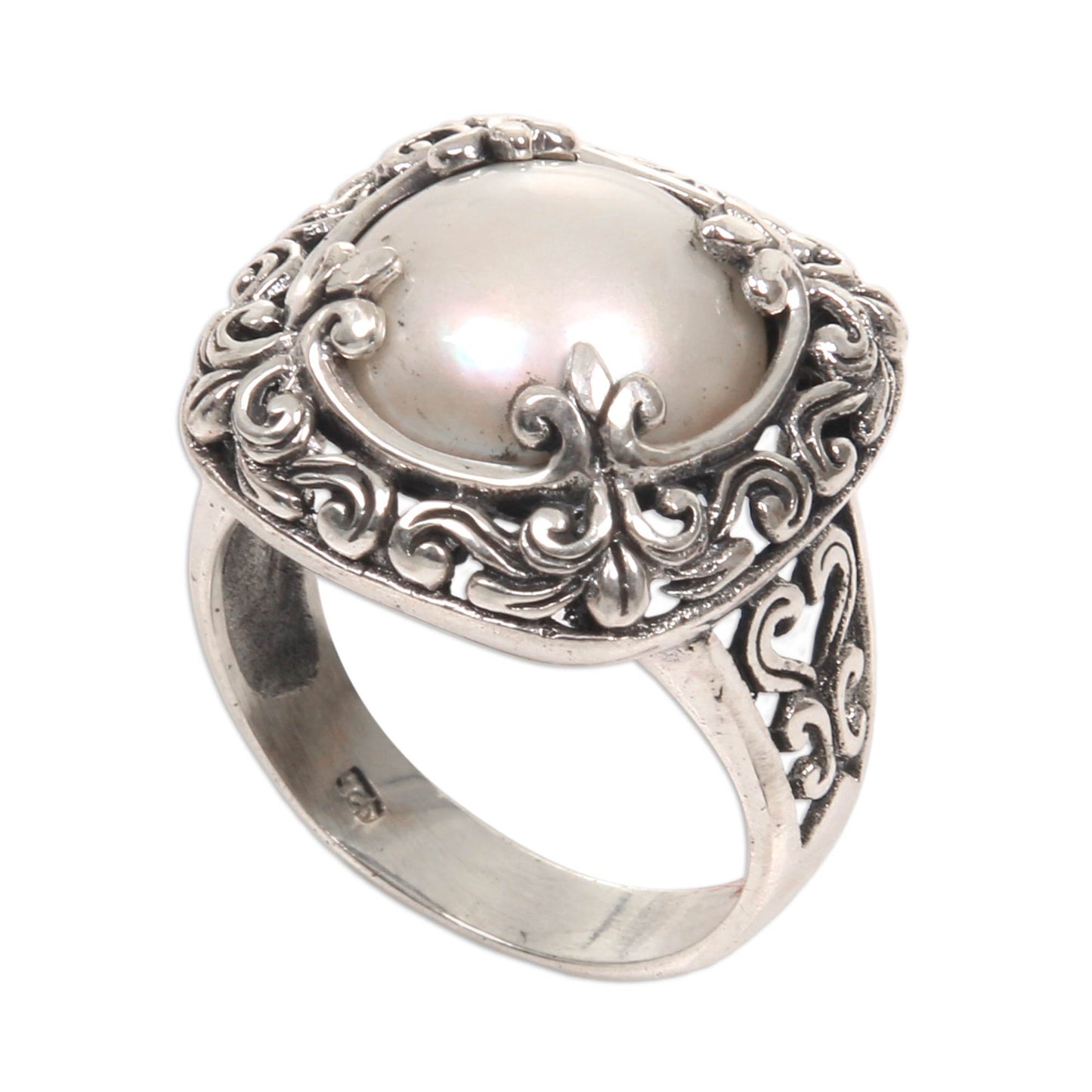 White Lunar Square Crown Pearl & Silver Cocktail Ring