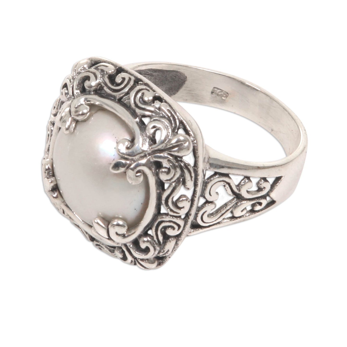 White Lunar Square Crown Pearl & Silver Cocktail Ring