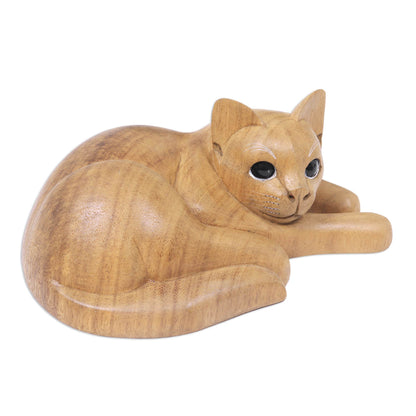 Marmalade Tabby Hand Carved and Painted Yellow Tabby Cat Sculpture in Wood