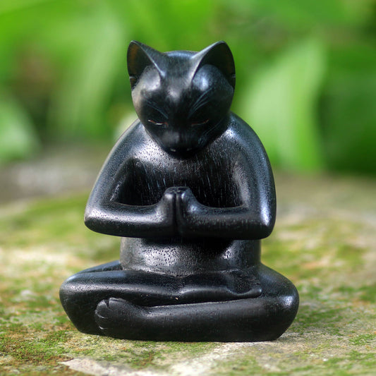 Black Cat Prayer Wood Sculpture