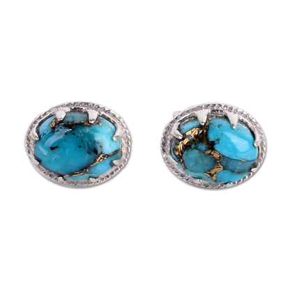 Morning in Blue Oval Turquoise & Silver Button Earrings