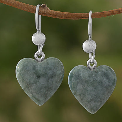 Mayan Heart in Green Green Heart Shaped Jade Silver Dangle Earrings Guatemala