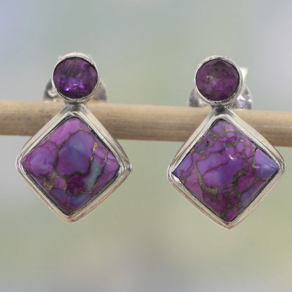 Purple Sparkle Turquoise & Silver Drop Earrings