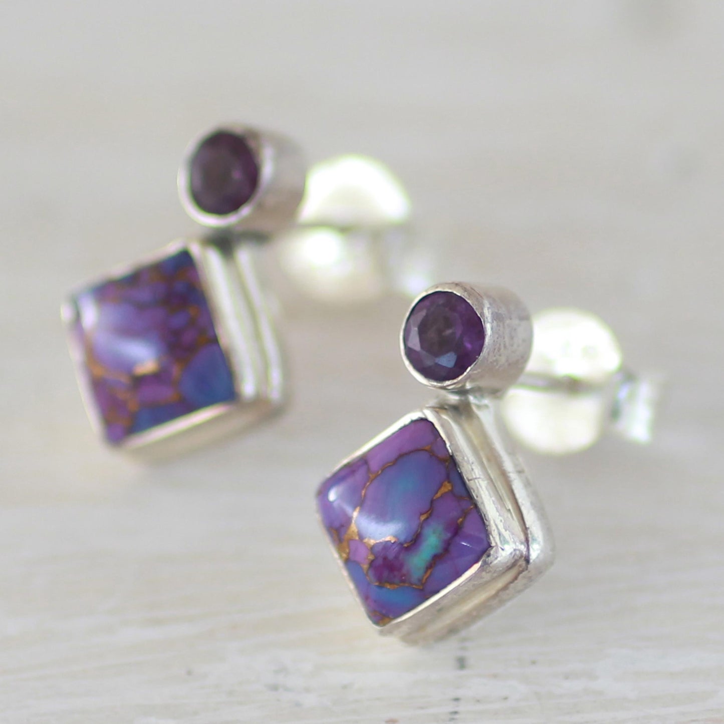 Purple Sparkle Turquoise & Silver Drop Earrings