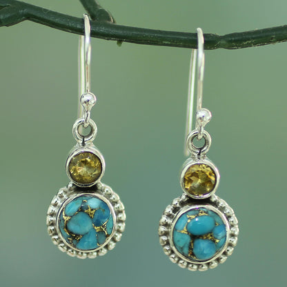 Earth and Sun Multi-Gem Silver Dangle Earrings